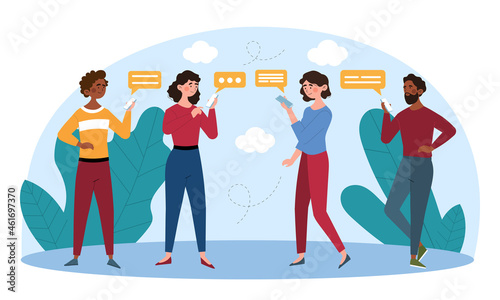 People Looking on Smartphones. Men and women communicate on social network. Notification or message on phone. Modern young characters. Cartoon flat vector illustration isolated on white background