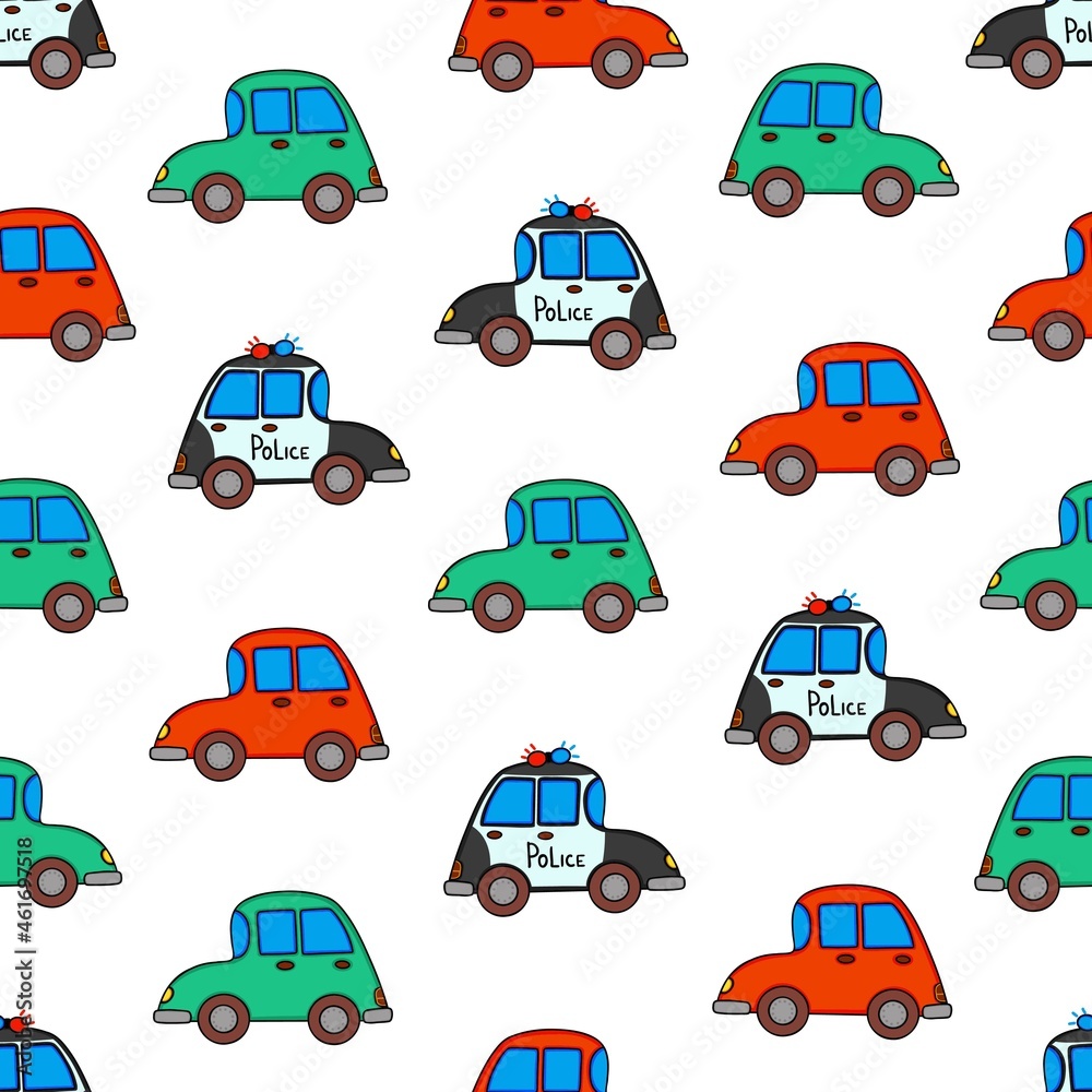 Naklejka premium car, police car seamless cartoon pattern isolated on white background. Vector illusration for children wallpapers, web site, wrapping paper, cover, packaging, greeting cards, textile, seasonal design.