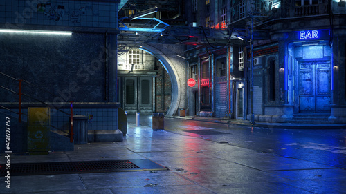 Foto 3D rendering of a dark futuristic urban street scene at night in a seedy cyberpunk city
