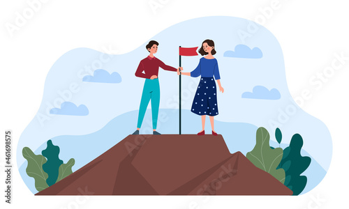 Professional achievement. Man and woman on mountain hold flag. Career growth and business development. Employees go together to goal. Cartoon flat vector illustration isolated on white background