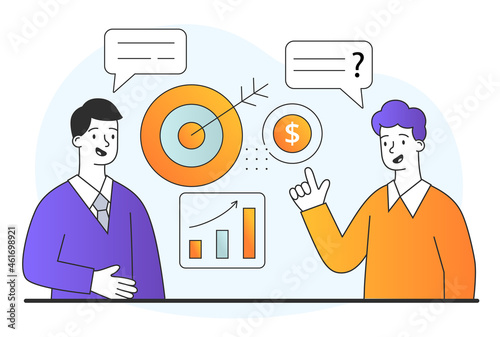 Public survey concept. Employee asks questions to man to determine company marketing strategy. Achieving goals with help of experience. Cartoon flat vector illustration isolated on white background
