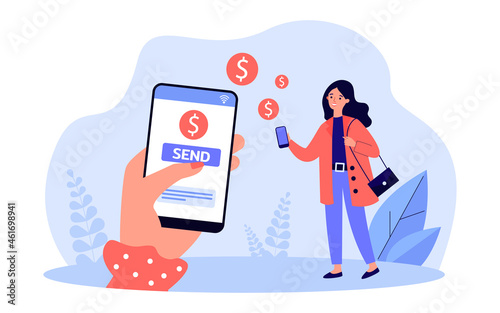 Female hand sending money to woman online. Person using mobile app for financial transaction flat vector illustration. Money transfer service concept for banner, website design or landing web page