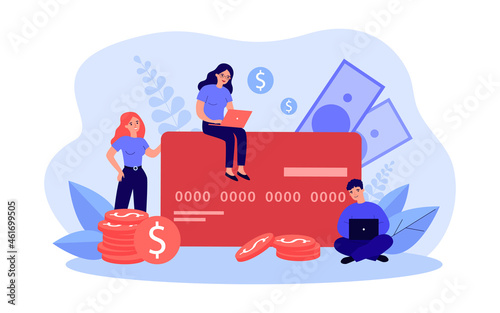 Tiny people paying by big credit card. Modern man and woman using laptop for money terminal and bill flat vector illustration. Online payment concept for banner, website design or landing web page