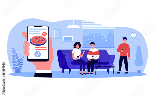People having party ordering pizza online. Smiling friends relaxing buying Italian food from smartphone web restaurant menu app. Fla vector illustration. Celebration concept.