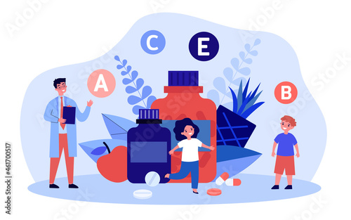 Doctor pediatrician advising vitamins for children. Tiny man and kids with pills flat vector illustration. Pediatric prescription, medicine concept for banner, website design or landing web page