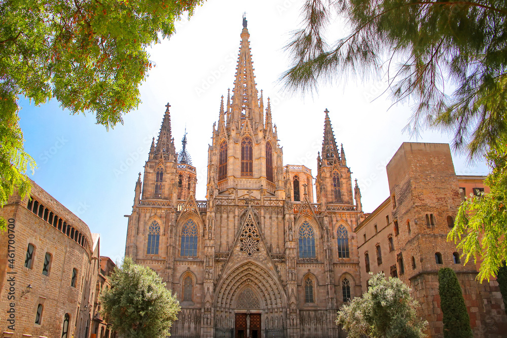 Barcelona Cathedral also known as La Seu, and The Cathedral of the Holy Cross and Saint Eulalia, Old Gothic Quarter, Barcelona, Spain.  It is a famous tourist attraction and landmark of the city.