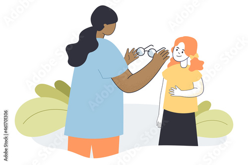 Optometrist cartoon character giving glasses to kid at hospital. Medical appointment, ophthalmologist examining eyes of children flat vector illustration. Vision therapy, concept for website design