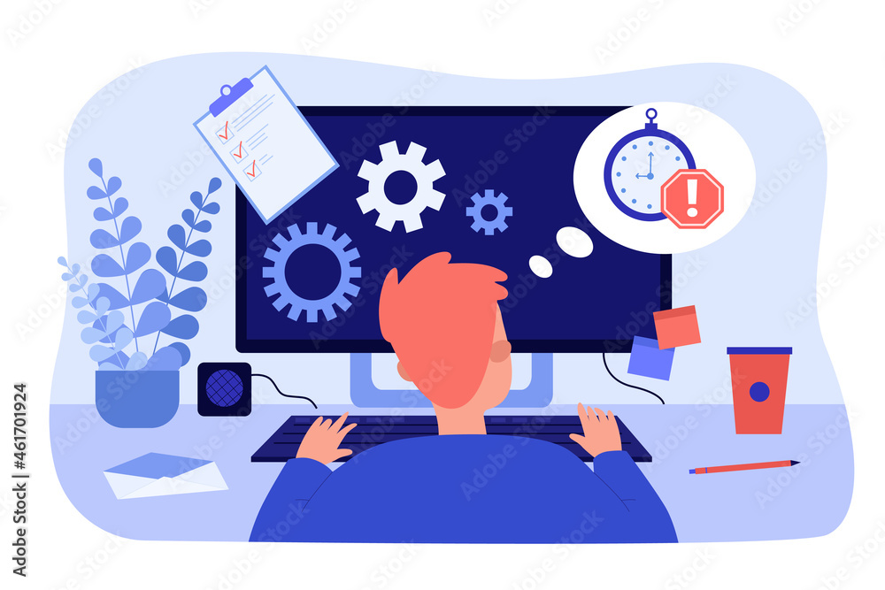 © Bro Vector - Busy office worker working at computer desk online. Work deadline for male employee flat vector illustration. Time management, productivity concept for banner, website design or landing web page