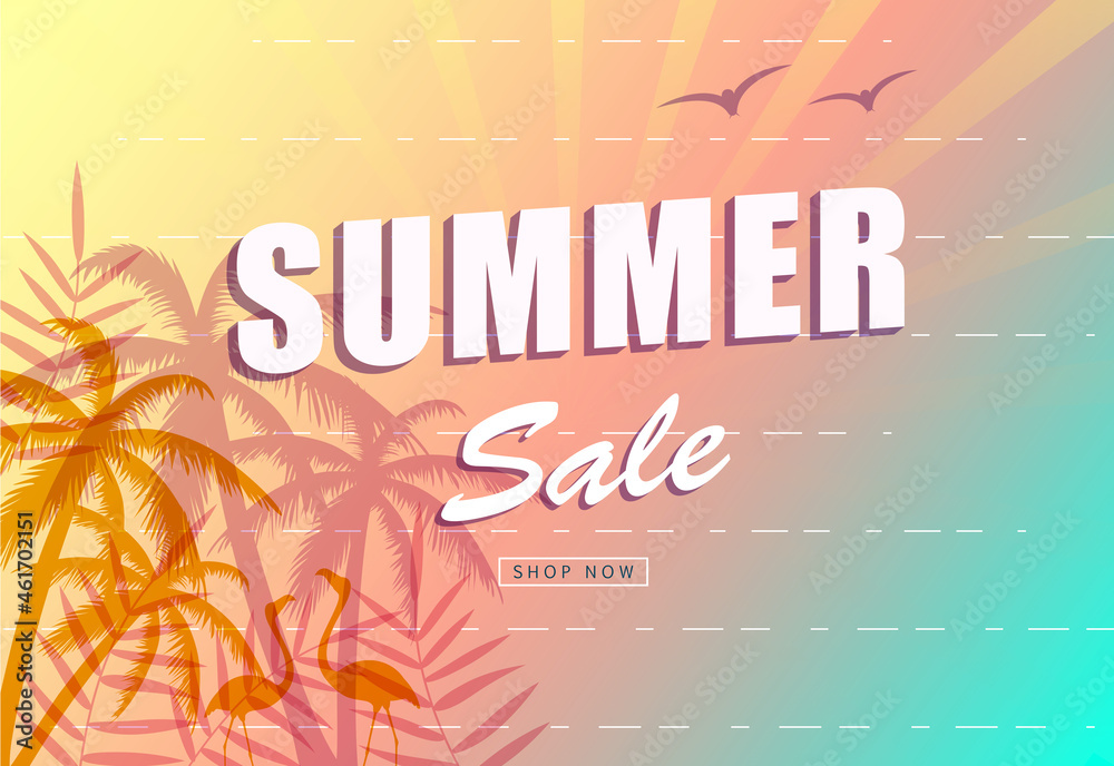 Summer sale poster background. For palm sunset wallpaper, banner, flyer and placard template. Summer background for ad, label and palm tree cover. Sunset background, vector illustration