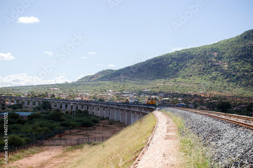 Train Moving Bridge Concrete Pillars Railway Line Standard gauge Railway SGR Madaraka Express Bridge Corporation Kenya Railways Tsavo Mombasa Terminus Mombasa City County Kenya East Africa Landscapes	 photo