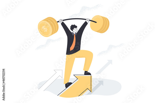 Tough business person lifting heavy barbell of coins. Strong man making effort, reaching up as metaphor for growth or progress, flat vector illustration. Success, challenge, strength, finance concept