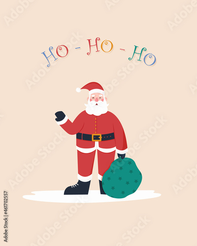 Ho-ho-ho and cute Santa Claus greeting card template. Vector design element.