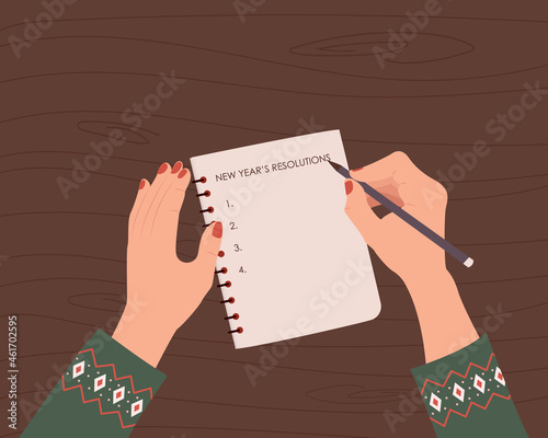 Woman writing new year's resolutions in her notebook. A list of goals concept. Female hand. Colorful, modern vector illustration in cartoon flat style.