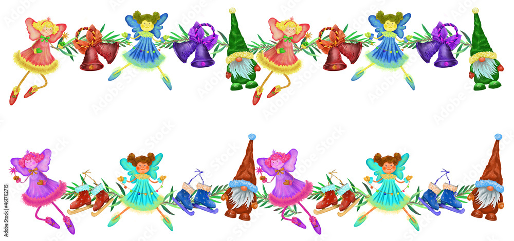 Fototapeta premium Colorful digital border with colorful Christmas decoration. White background.