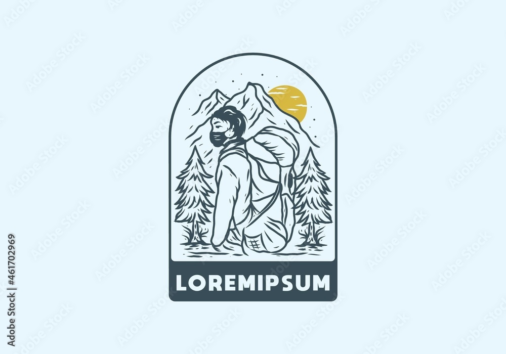 Fototapeta premium Line art illustration drawing of man with mountain bag