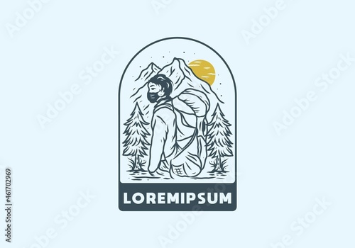 Line art illustration drawing of man with mountain bag