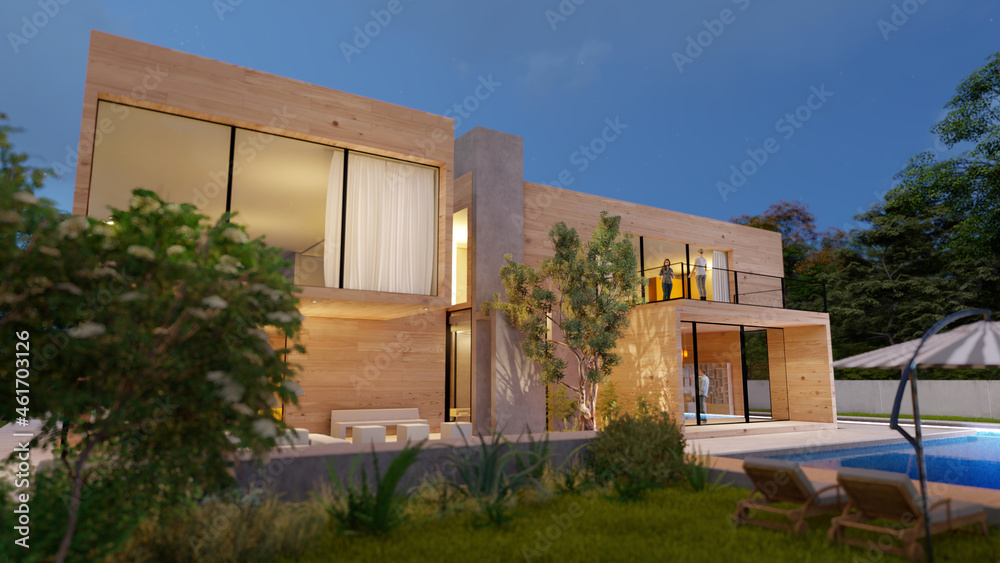 Big contemporary villa in light wood with pool and garden in the evening - obrazy, fototapety, plakaty 