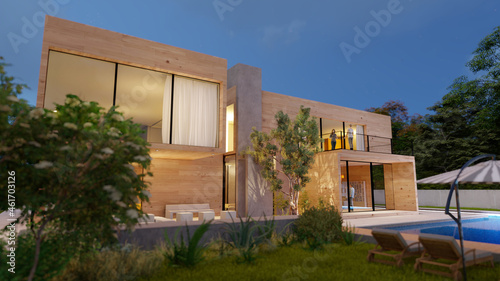 Big contemporary villa in light wood with pool and garden in the evening © FrankBoston