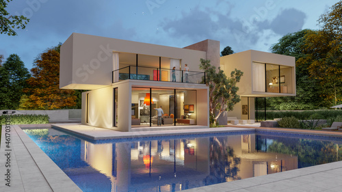 Big contemporary villa in light wood with pool and garden in the evening 2 © FrankBoston