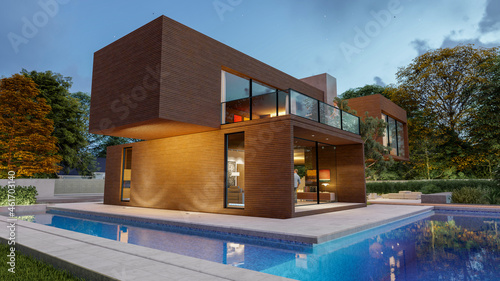 Big contemporary villa in light wood with pool and garden in the evening 3 © FrankBoston