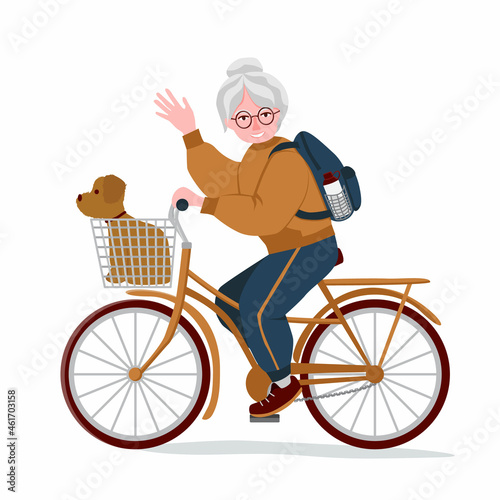 Smiling grandma rides a bicycle. On the back is a backpack with a bottle of water. There is a dog sitting in the basket. The concept of longevity and a healthy lifestyle. Vector illustration