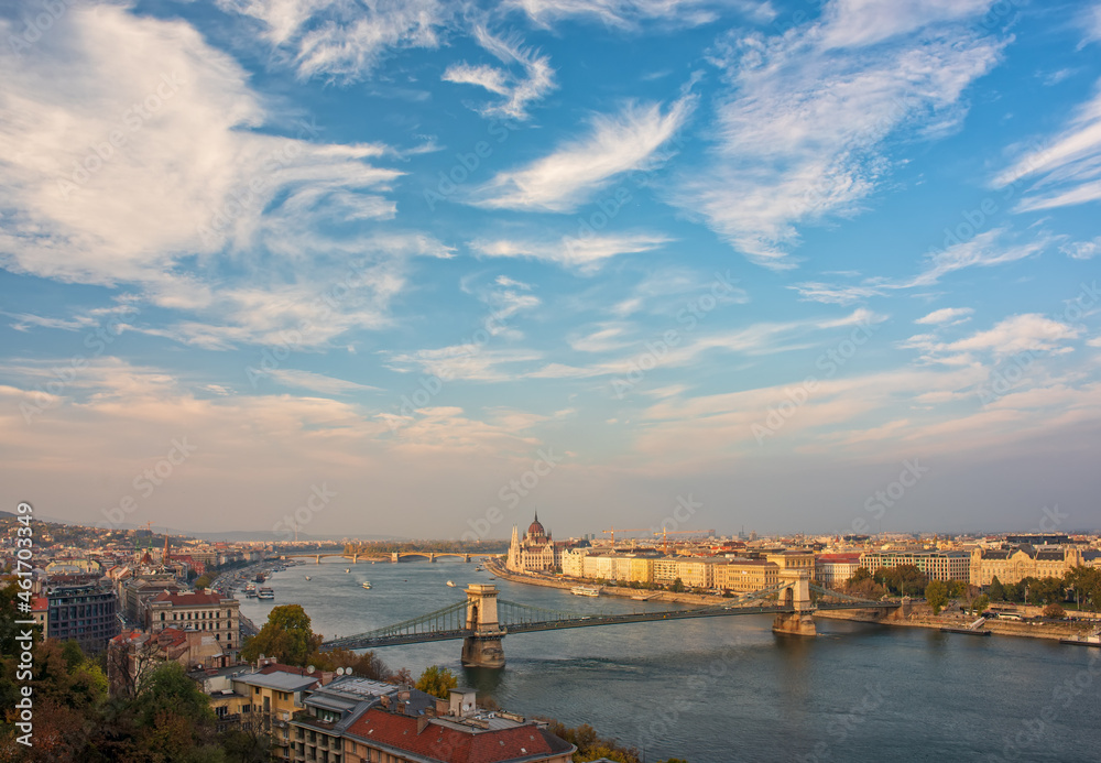 Amazing sky with picturesque clouds over Danube river in the central area of Budapest, Hungary