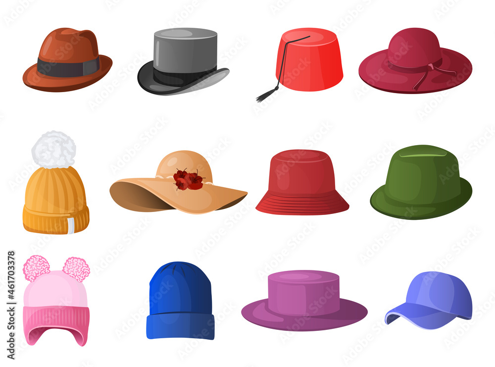 Summer winter hats and headgears. Stylish male and female headwear on white background. Vintage retro classic and modern hats, clothes accessory colorful cartoon vector set of headwear. Summer winter hats and headgears. Stylish male and female headwear on white background. Vintage retro classic and modern hats, clothes accessory colorful cartoon vector set of headwear.