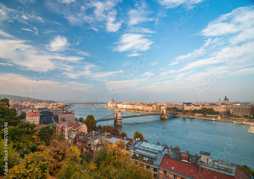 Amazing panoramic view of Budapest from Castle Hill at sunny autumn evening, Budapest, Hungary