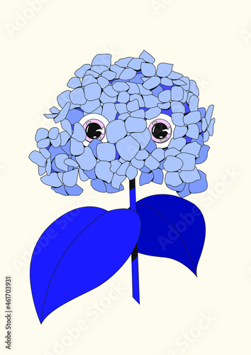 Original illustration of cosmic hydrangea flower with eyes watching you. Blue, navy trippy design. Perfect for postcards, print, stickers, tattoo, posters and branding. Spooky face Halloween drawing.
