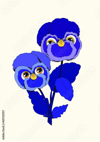 Original illustration of pansies in love with eyes and faces. Blue, navy and purple coloured design. Perfect for postcards, print, stickers, tattoo, posters and branding. Spooky Halloween drawing.