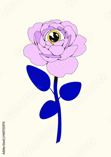 Original illustration of a peony rose flower with eye watching you. Blue, navy and pink coloured design. Perfect for postcards, print, stickers, tattoo, posters and branding. Spooky Halloween drawing.