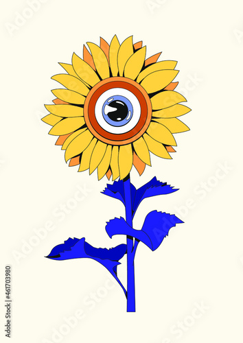Original illustration of a sunflower with eye watching you. Blue, navy and yellow coloured design. Perfect for postcards, print, stickers, tattoo, posters and branding. Spooky Halloween drawing.