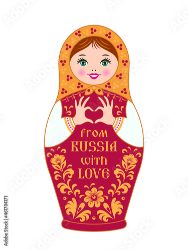 Matryoshka doll makes a heart gesture with her hands. Russian traditional souvenir with the inscription 