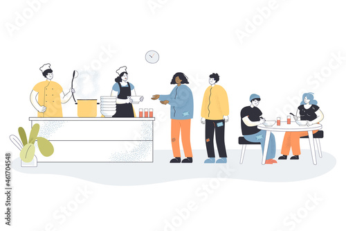 Cartoon volunteers cooking food for homeless people in shelter. Poor characters eating in refectory at night flat vector illustration. Charity, support concept for website design or landing web page