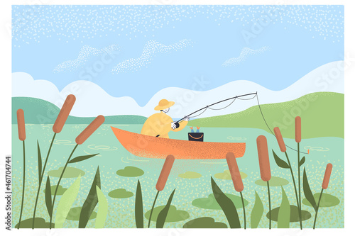 Cartoon fisher fishing on boat in lake. Landscape with blue sky and man catching fish flat vector illustration. Recreation, summer, nature, hobby concept for banner, website design or landing web page