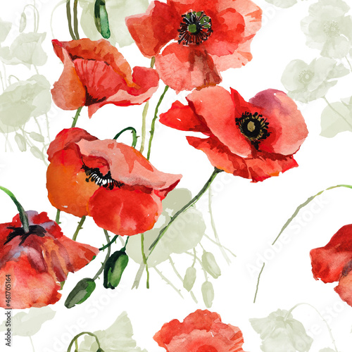 Red poppies watercolor on white background seamless pattern for all prints.
