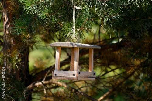 Tableau sur toile Wooden bird feeder hanging on a pine tree close up
