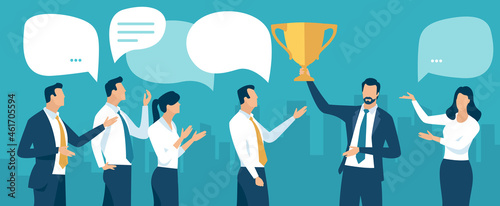 The Winner. Congratulations. The team celebrates the winner. Business vector illustration.