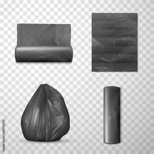 Plastic black trash bag realistic set vector illustration. Package garbage expanded, full trashbag