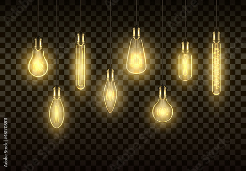 Incandescent lamps hanged on wires set realistic vector antique glowing illuminated lighbulb
