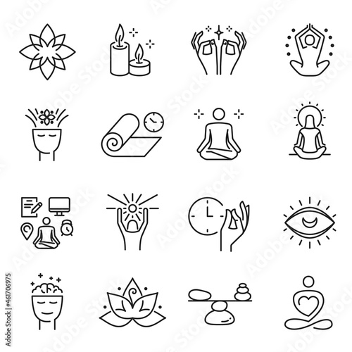 Meditation spiritual monochrome line icon set vector illustration yoga practice relaxation