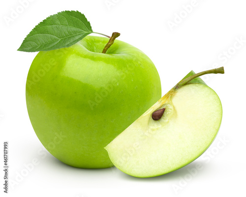fresh green apple fruit and slices with leaves isolated on white background.