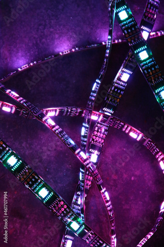Led lights displaying lilac, purple, violet and turquoise colors in disarray