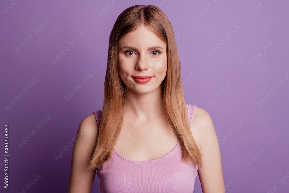 Portrait of charming adorable positive cheerful nice lady look camera wear pink top on violet background Portrait of charming adorable positive cheerful nice lady look camera wear pink top on violet background