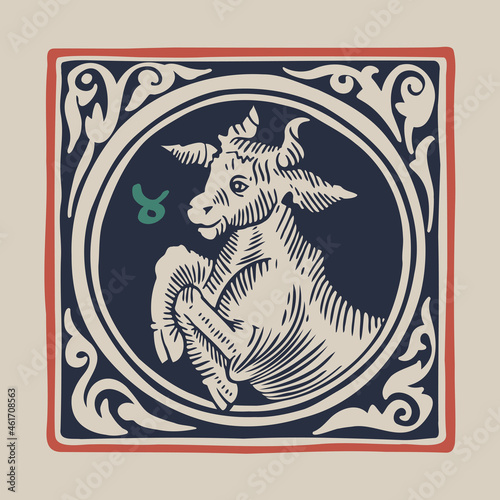 Bull zodiac medieval-style illustration.
