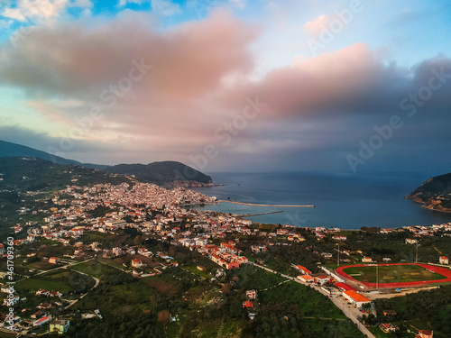 Dramatic winter scenery over the famous Skopelos town also known as chora in Skopelos island, Sporades, Greece photo