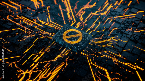 Restricted Access Technology Concept with Prohibition symbol on a Microchip. Data flows from the CPU across a Futuristic Motherboard. 3D render.