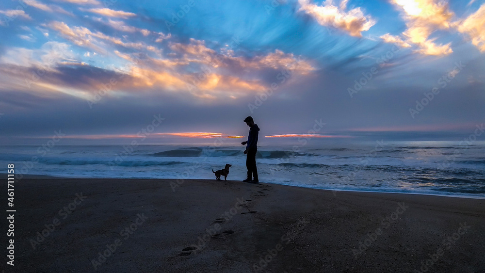 Silhouette of a man and his dog standing together and facing each other at the beach with a beautiful dramatic sunset sky in the background. Friendship or best friends concept with space for text