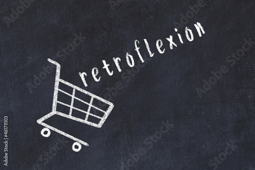 Chalk drawing of shopping cart and word retroflexion on black chalboard. Concept of globalization and mass consuming photo