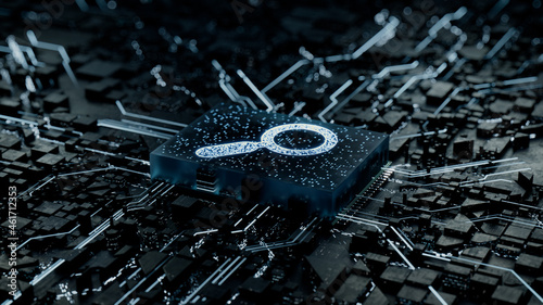 Search Technology Concept with Magnifier symbol on a Microchip. Data flows from the CPU across a Futuristic Motherboard. 3D render.